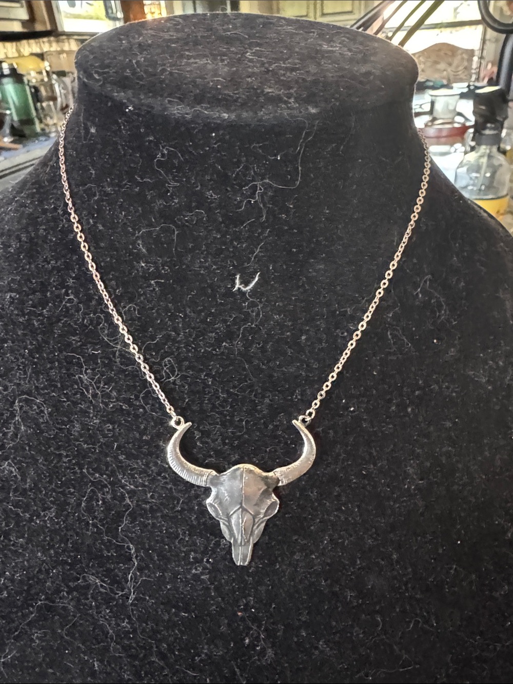 Sterling-Look Bull Skull Pendant Necklace in Silver